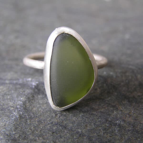 Green Sea glass Ring Handmade in Recycled Sterling Silver - handmade by Hazel's Sea Jewellery