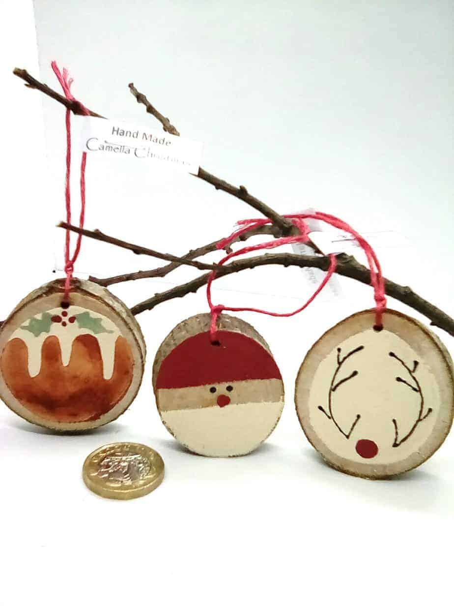 Wood Slice Christmas Tree Decorations - handmade by Camella Crafts (view 2)