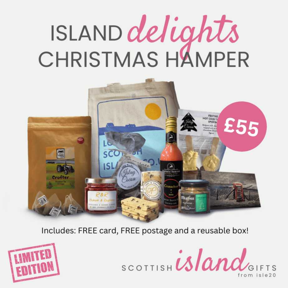An image of theisland delights christmas hamper filled with gourmet treats from the scottish islands