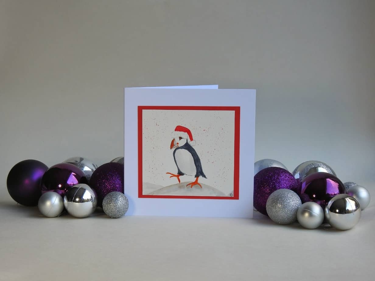 Christmas Card - Puffin - handmade by Karen Lambie Artist