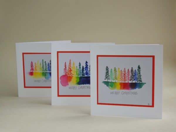 Christmas Card - Rainbow Trees SET of 3 cards - handmade by Karen Lambie Artist