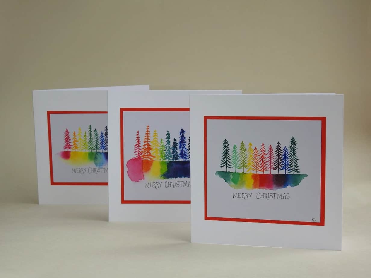 Christmas Card - Rainbow Trees SET of 3 cards - handmade by Karen Lambie Artist