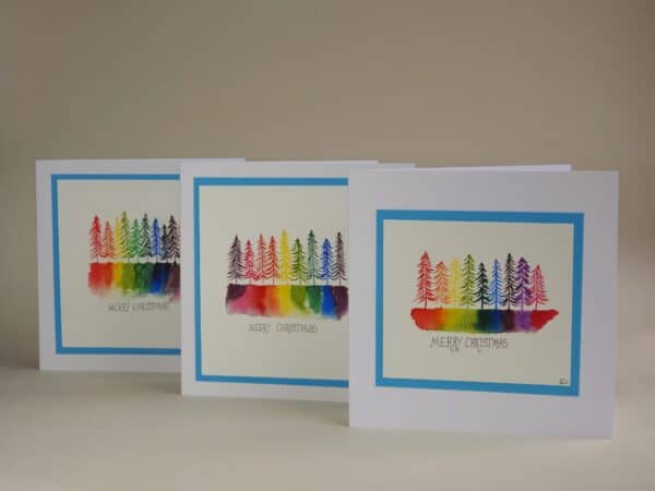 Christmas Card - Rainbow Trees SET of 3 cards - handmade by Karen Lambie Artist