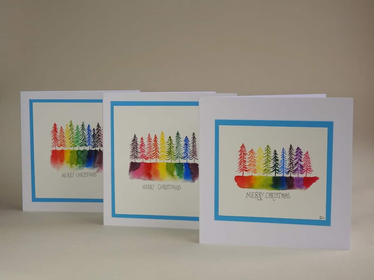 Christmas Card - Rainbow Trees SET of 3 cards - handmade by Karen Lambie Artist