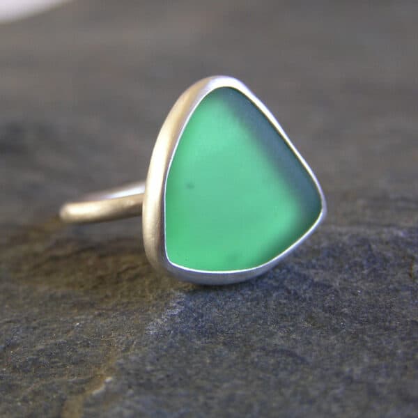 Green Sea glass Ring Handmade in Recycled Sterling Silver - handmade by Hazel's Sea Jewellery