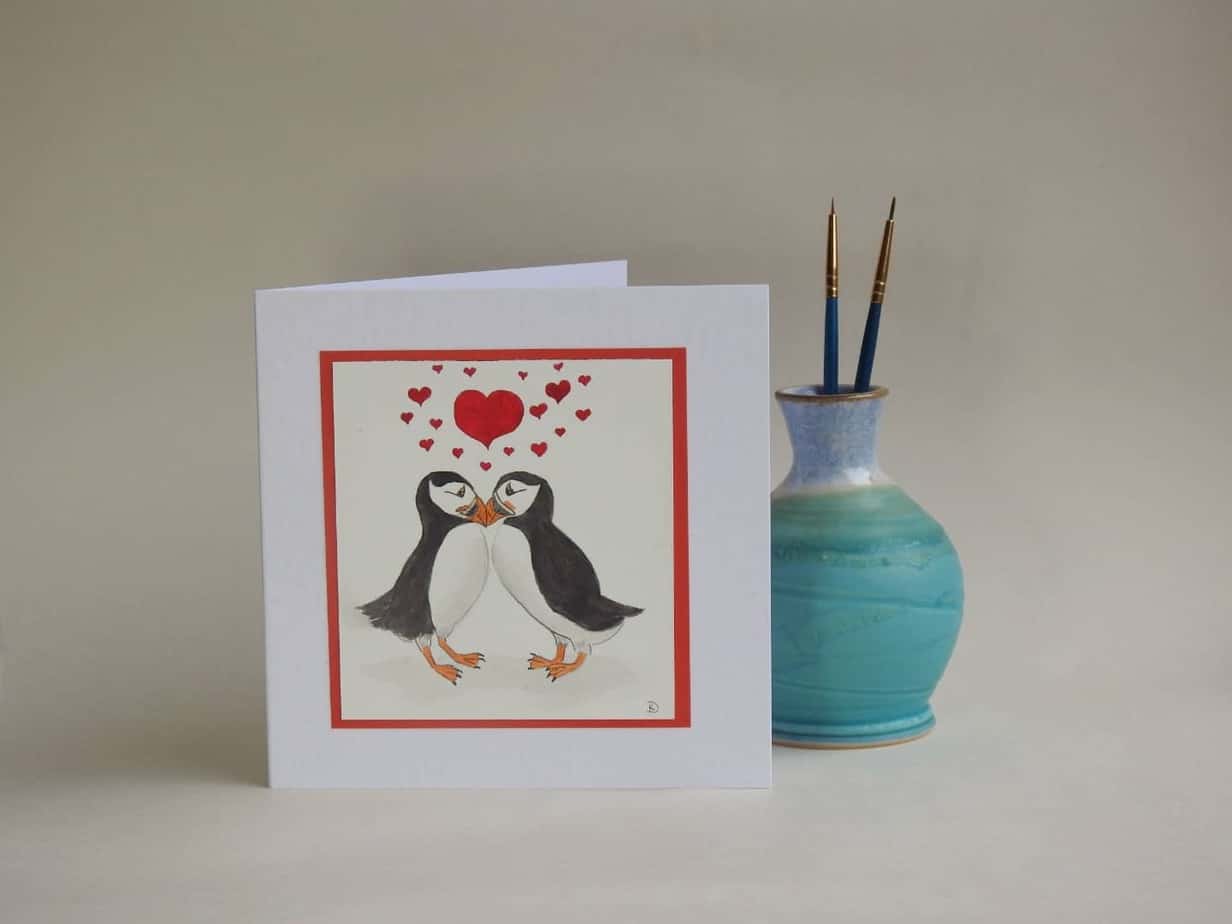 Valentines Card - Puffin Pair with hearts - handmade by Karen Lambie Artist