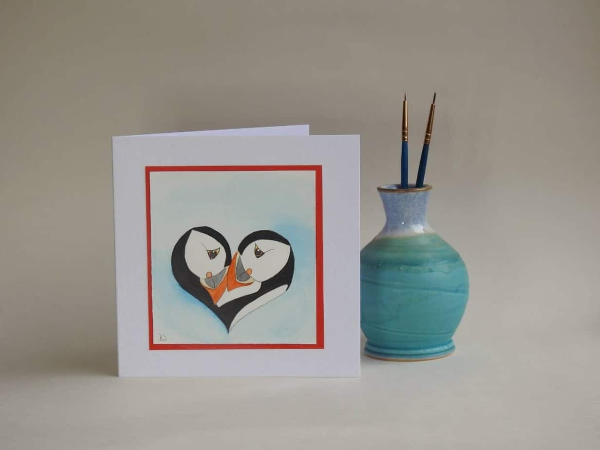 Valentines Card - Puffin Pair in heart shape - handmade by Karen Lambie Artist