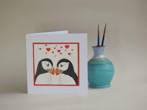 Valentines Card - Pair of Puffin's and Hearts