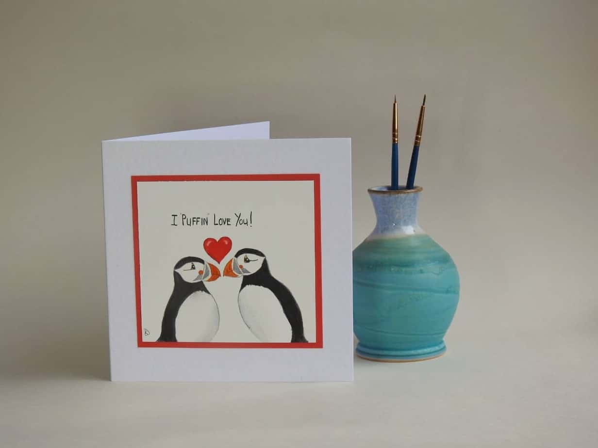 Original Watercolour Card - I Puffin Love You - handmade by Karen Lambie Artist