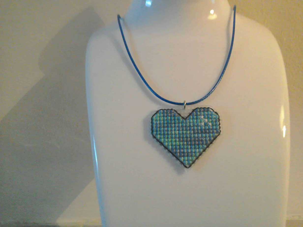 Tropical Ocean Cross Stitched Heart Necklace - Image 1