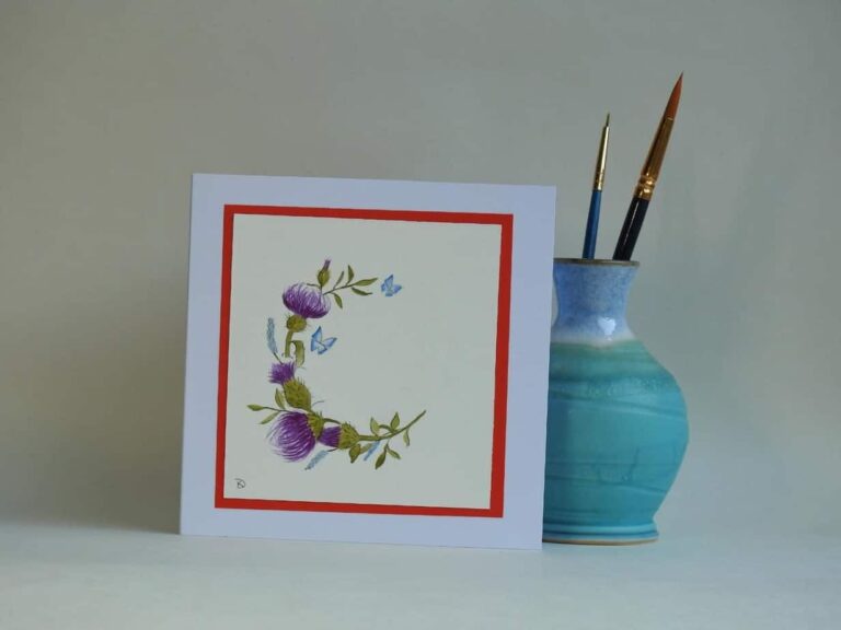 Original Watercolour Greetings Card - Thistle & Butterflies - handmade by Karen Lambie Artist
