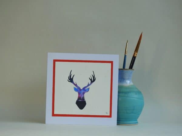 Original Watercolour Greetings Card - Northern Lights Stag - handmade by Karen Lambie Artist