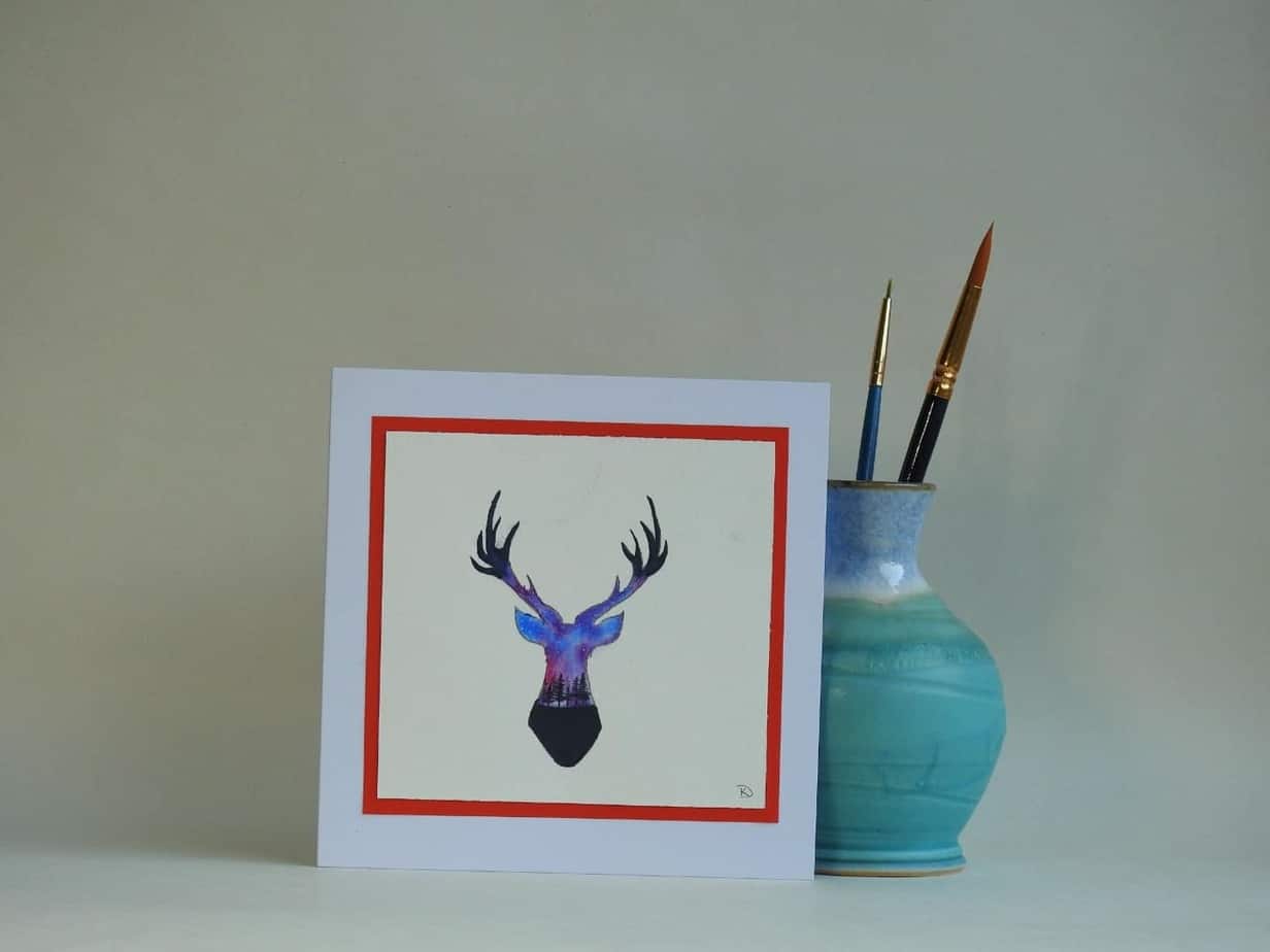 Original Watercolour Greetings Card - Northern Lights Stag - handmade by Karen Lambie Artist