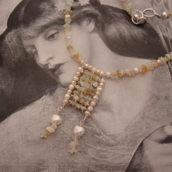 necklace with natural pearls and shards of opal