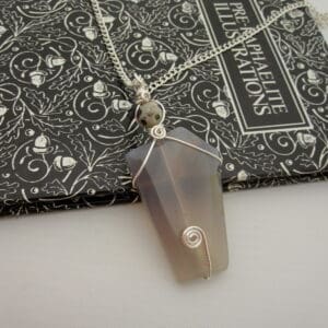 Grey Agate Pendant with Silver Plated Wire Wrap and dalmatian jasper focal bead