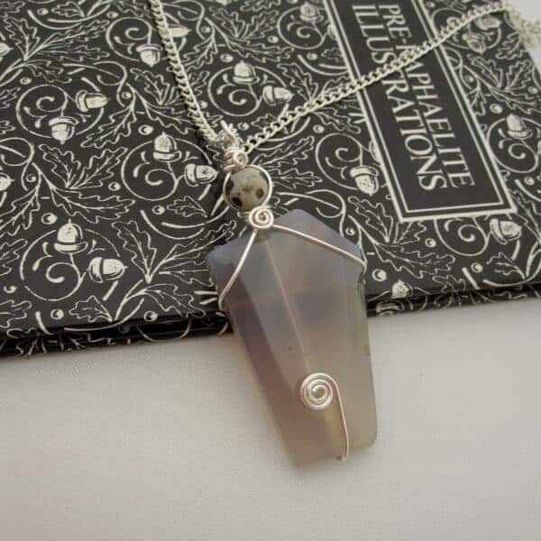 Grey Agate Pendant with Silver Plated Wire Wrap and dalmatian jasper focal bead