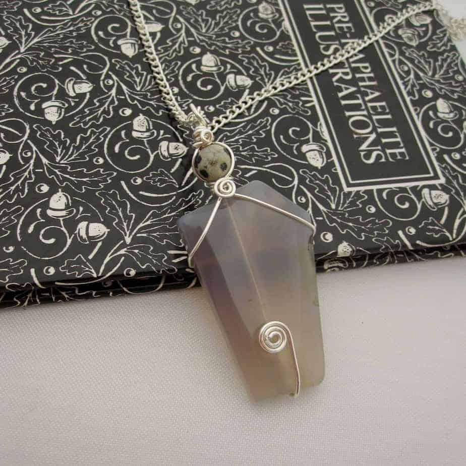Grey Agate Pendant with Silver Plated Wire Wrap and dalmatian jasper focal bead