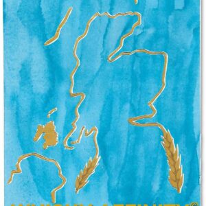 Golden outline of Scotland decorated with barley with a watercolour blue background.
