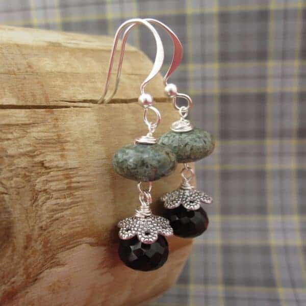 Drop earrings with green speckled woodland jasper and smokey quartz, finished with silver plated bead caps and ear wires