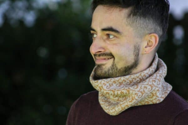 Neck cosy in cobble and gazzel bow waves - handmade by Ann Mackie Knitting Services and Designs