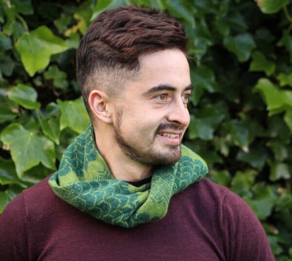 Cossack and chameleon twisted neck cosy - handmade by Ann Mackie Knitting Services and Designs