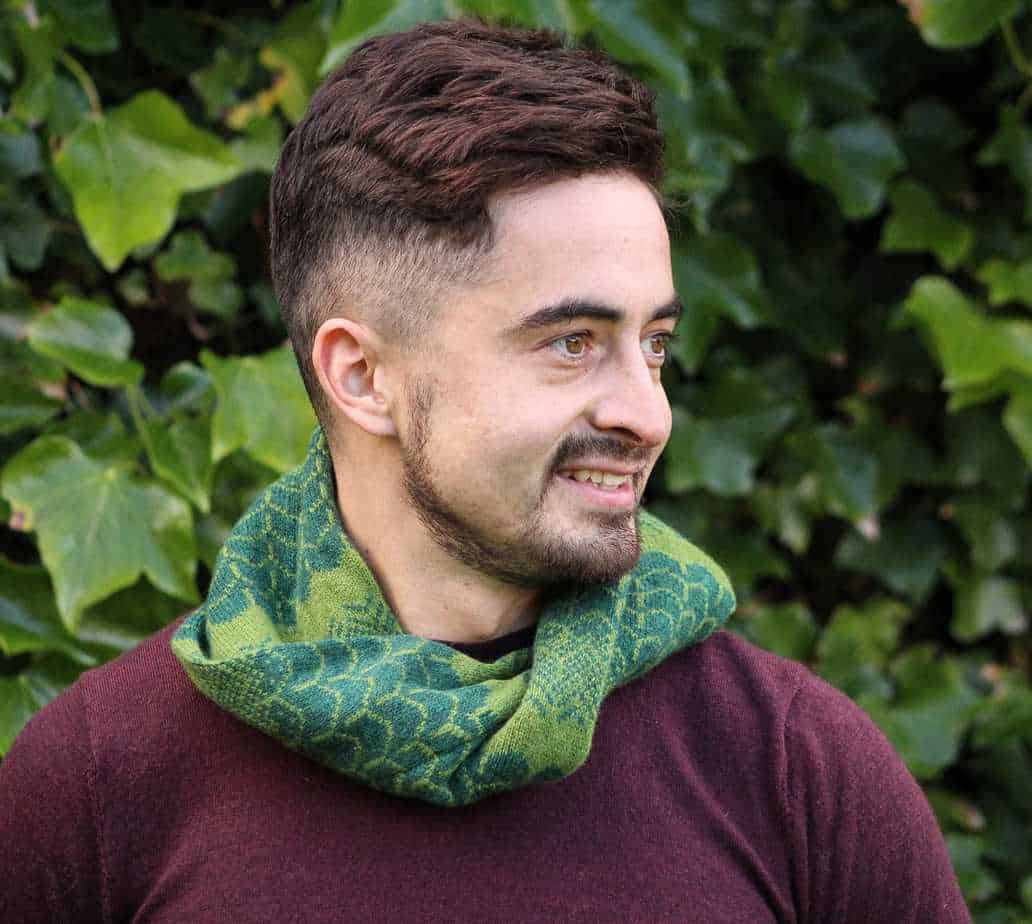 Cossack and chameleon twisted neck cosy - handmade by Ann Mackie Knitting Services and Designs