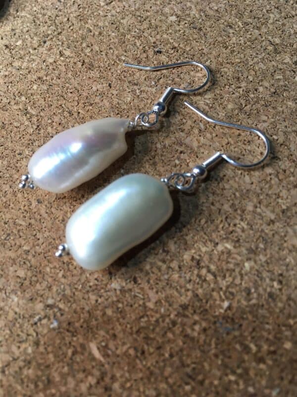 AAA, Biwa creamy white pearl silver earrings - handmade by Designs on Benbecula