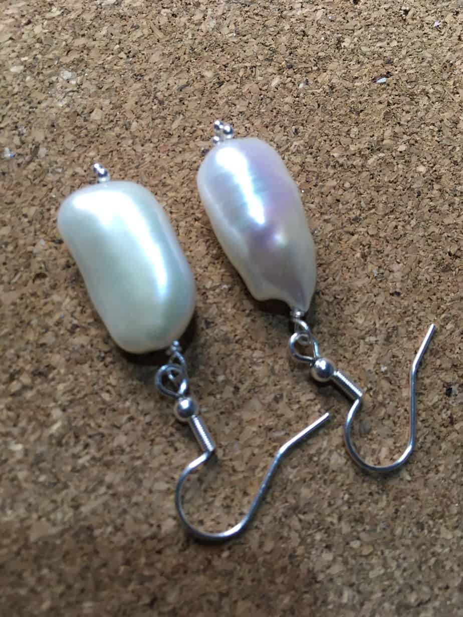 AAA, Biwa creamy white pearl silver earrings - handmade by Designs on Benbecula (view 2)