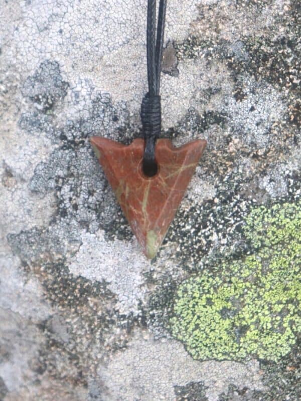Red and Green Hebridean Stone arrow pendant - handmade by Gneiss Things
