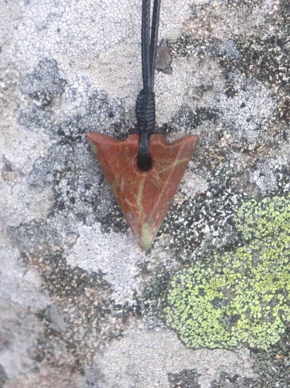 Red and Green Hebridean Stone arrow pendant - handmade by Gneiss Things