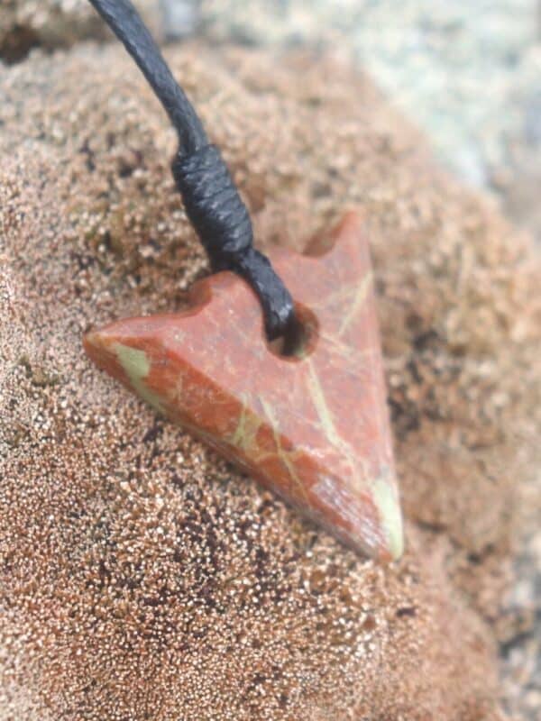 Red and Green Hebridean Stone arrow pendant - handmade by Gneiss Things (view 2)