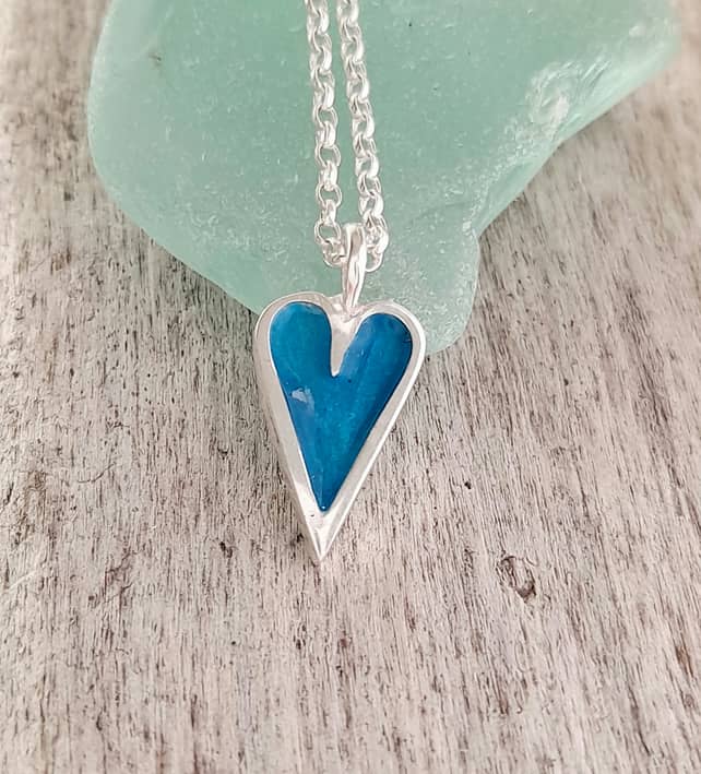 Mini Enamelled Heart Pendant - Aqua Blue - handmade by Marion Miller Jewellery