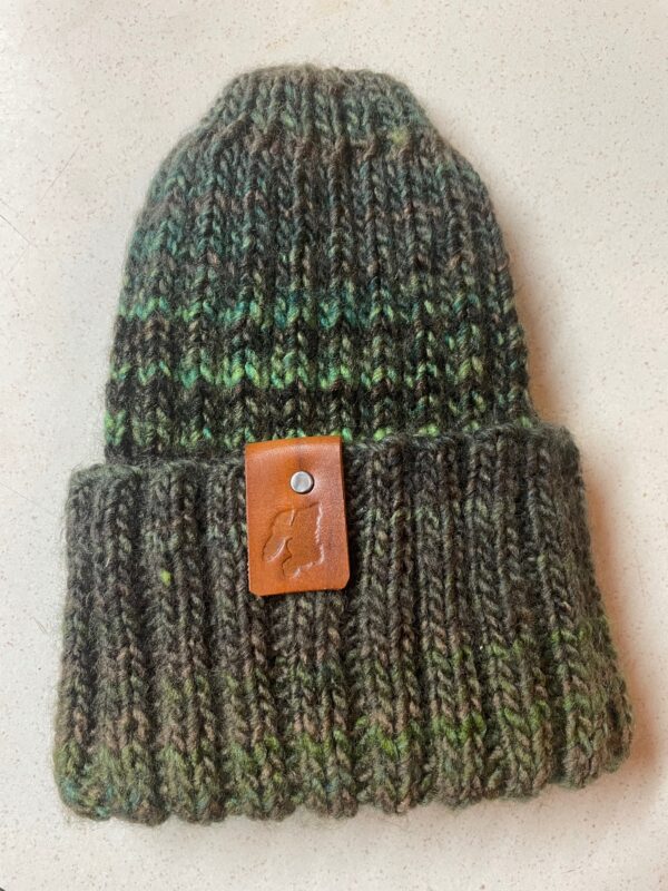 Woollen hat with Islay leather tab - handmade by Islay Celtic Craft Shop