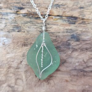 Teal Ardbeg Seaglass Leaf Necklace - handmade by Inner Hebrides Seaglass