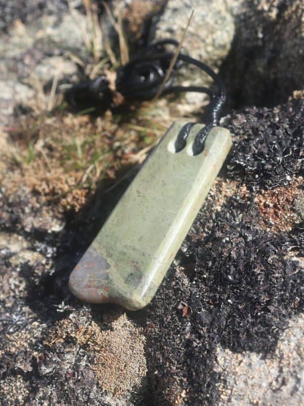 Pale dual hole greenstone pendant - handmade by Gneiss Things (view 2)