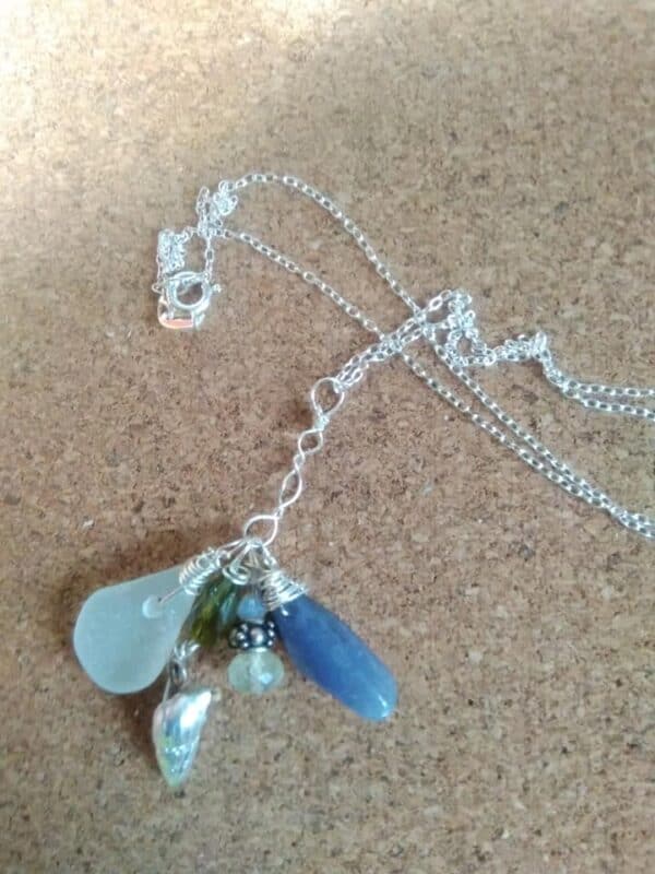Gemstone seaglass and shell cluster silver necklace