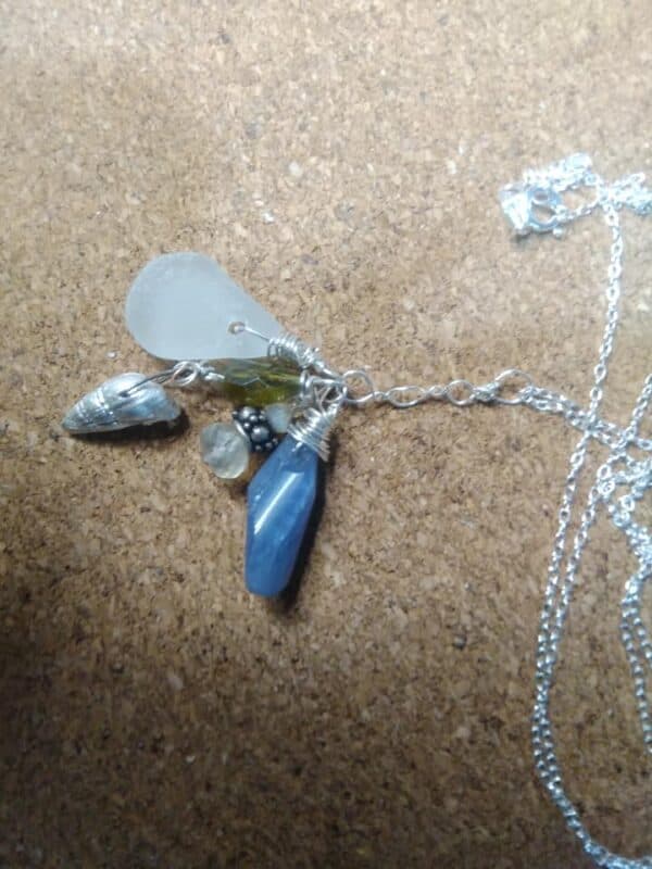 Gemstone seaglass and shell cluster silver necklace