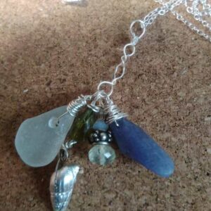 Gemstone seaglass and shell cluster silver necklace - Image 1