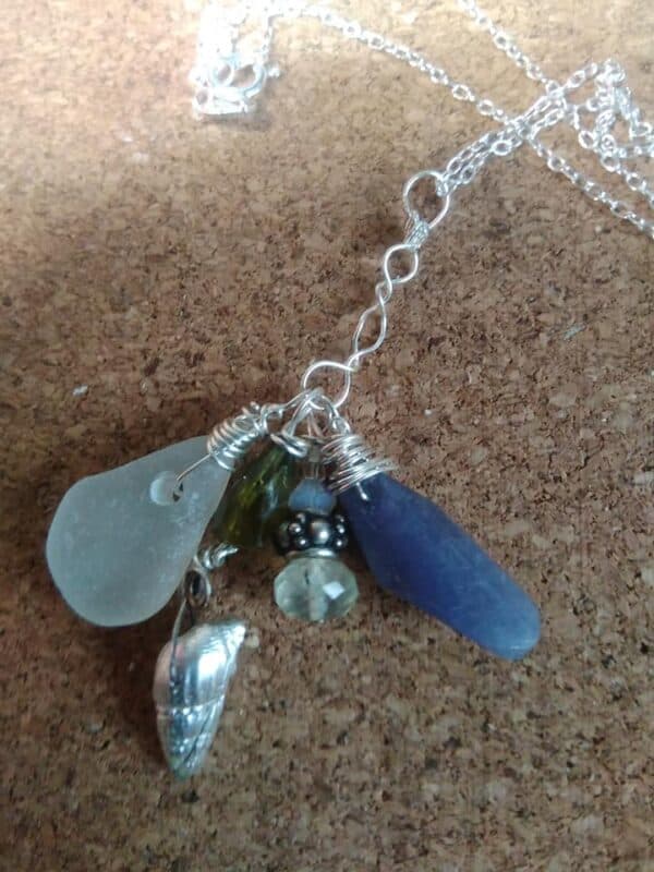 Gemstone seaglass and shell cluster silver necklace