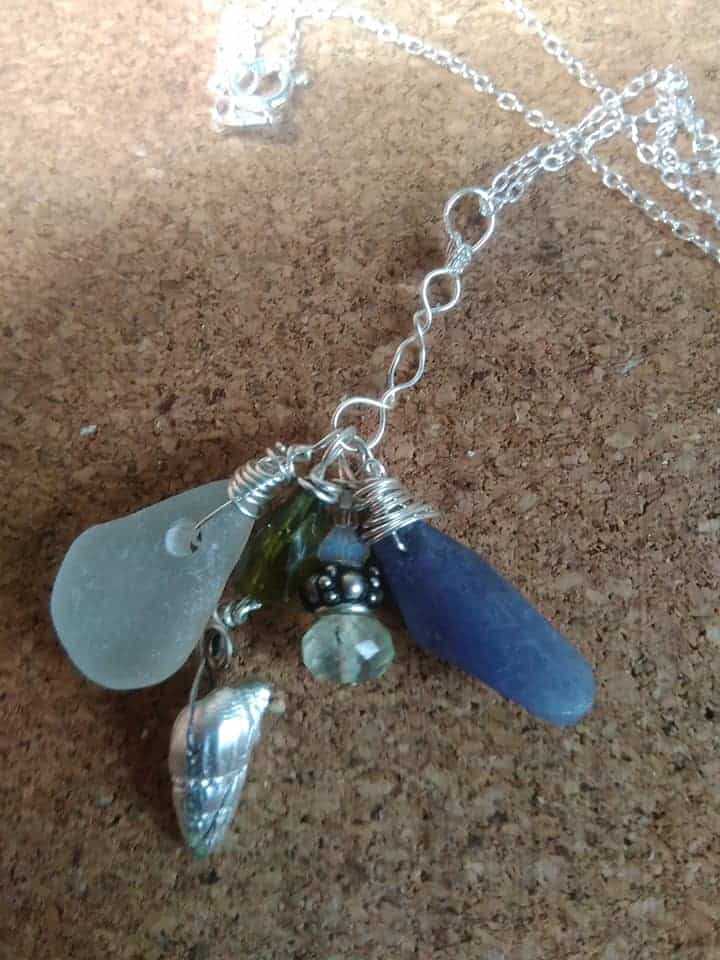 Gemstone seaglass and shell cluster silver necklace - Image 1