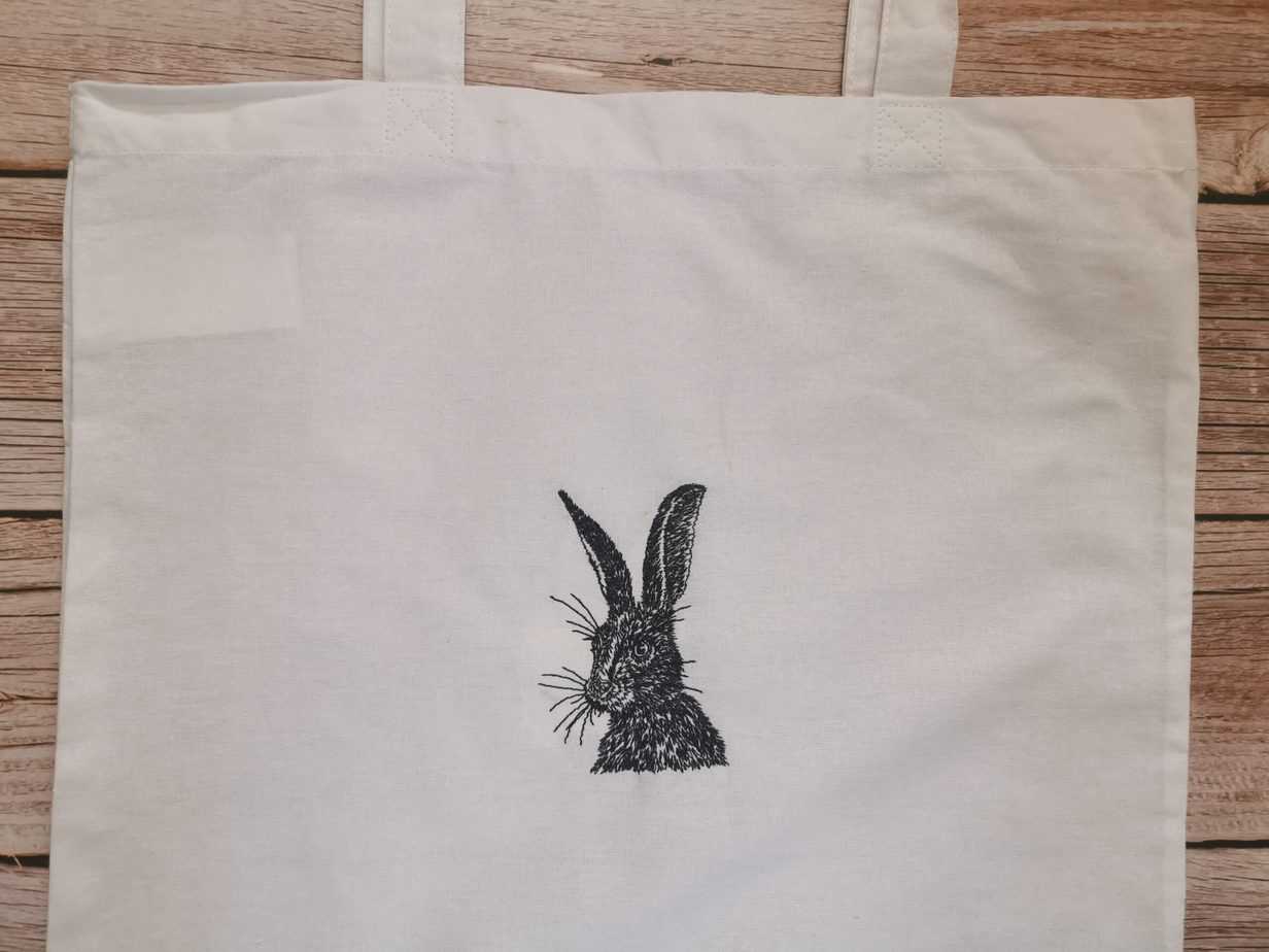 Lovely White Embroidered Hare Tote Bag - handmade by KC Studios