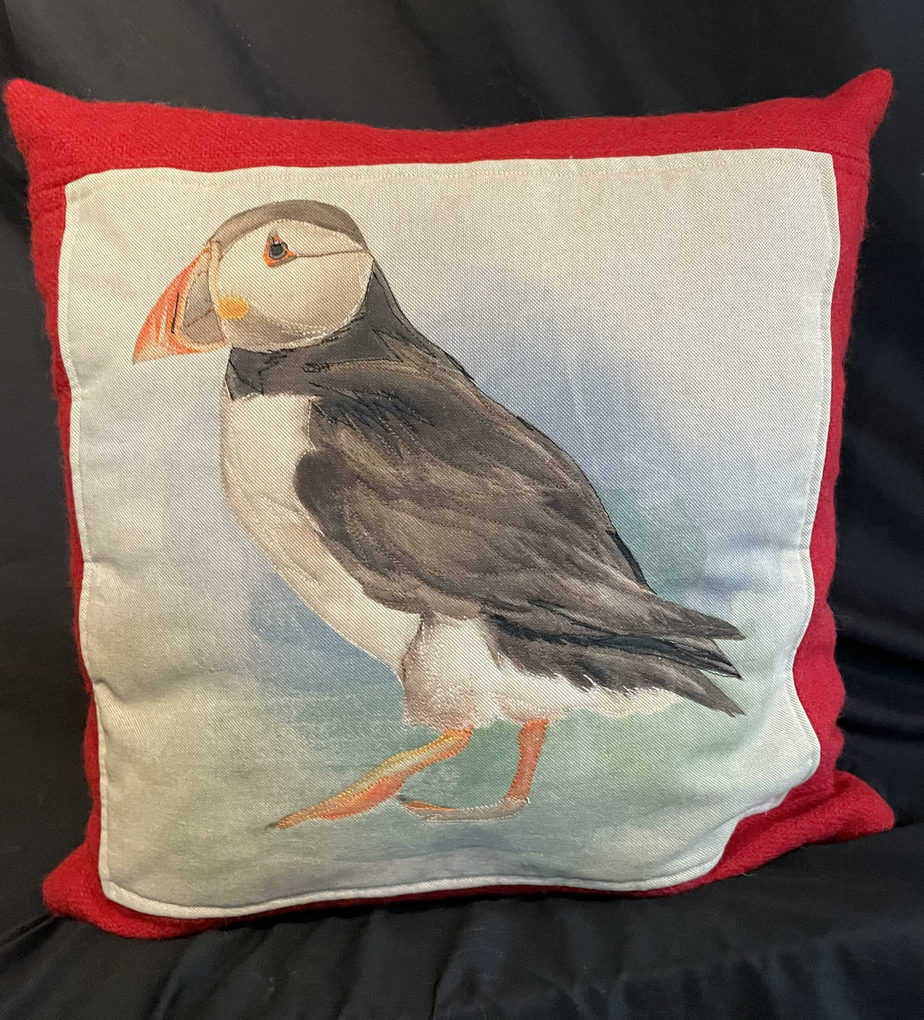 Shetland Tweed and Linen Cushion – Puffin - handmade by SHetland by Sheila Hankin