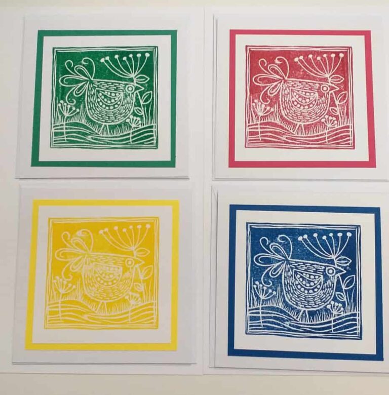 Set of Four Lino Cut Style Stamped Cheeky Chicks Cards