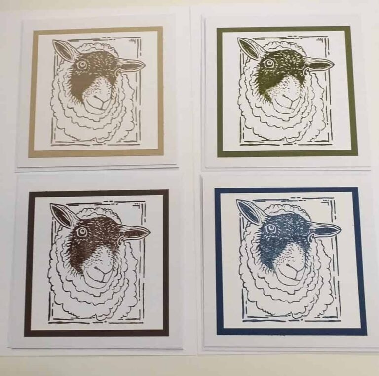 Set of Four Lino Cut Style Stamped Sheep Cards