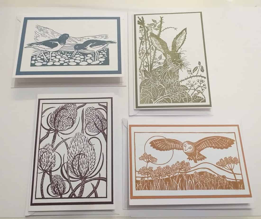 Set of Four Lino Cut Style Stamped Cards - Mixed - Image 1