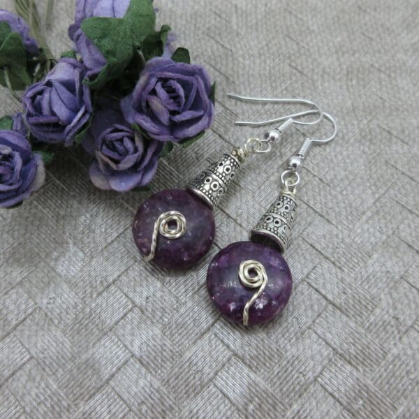 Purple, Lepidolite, Silver Plated, Earrings, Gift for Her