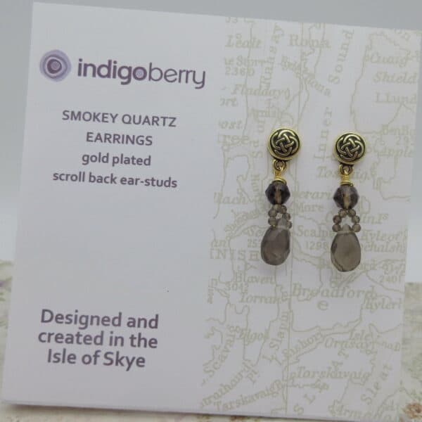 Smokey Quartz, Celtic Earrings, Gold Plated, Gift for Her