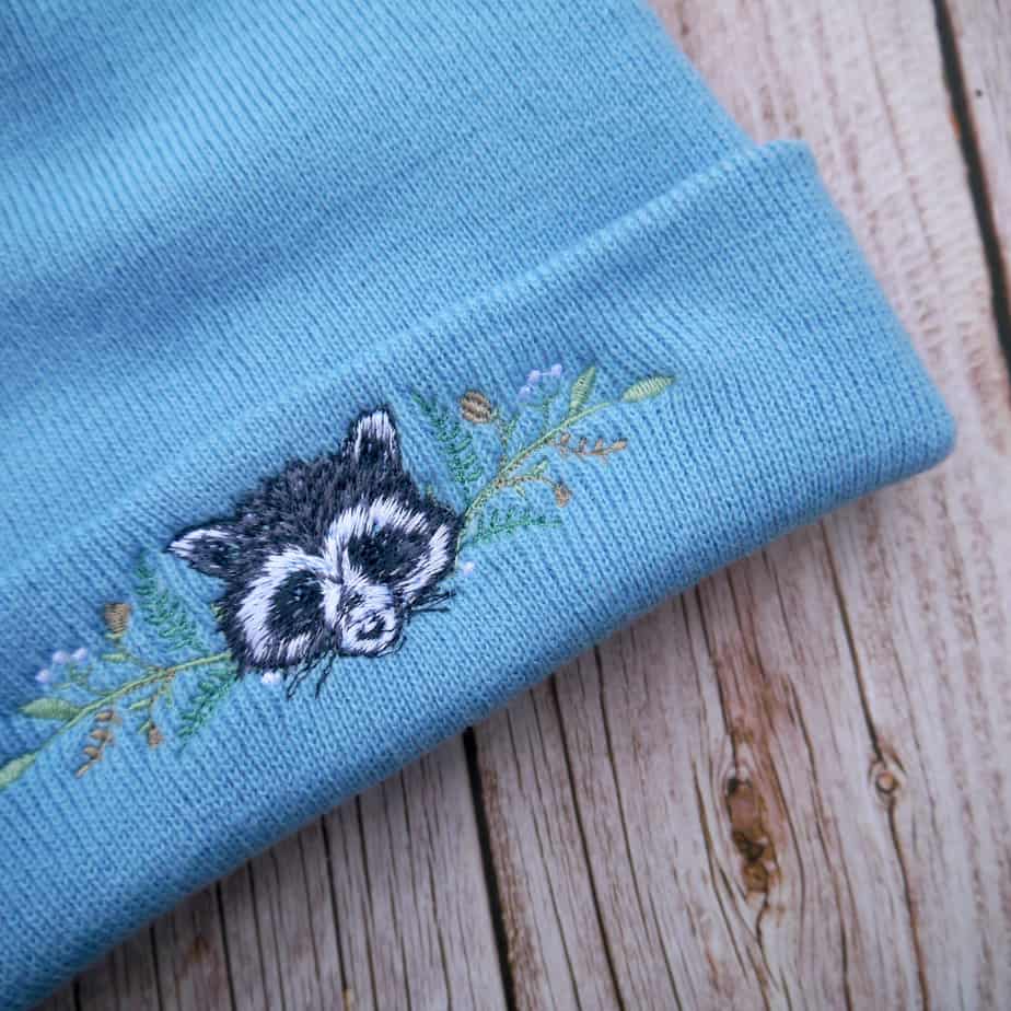 Lovely Floral Racoon Embroidered Beanie - handmade by KC Studios (view 7)