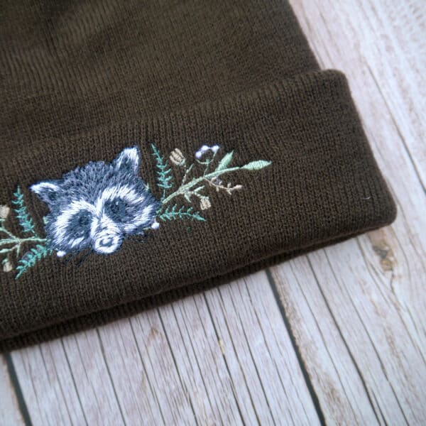 Lovely Floral Racoon Embroidered Beanie - handmade by KC Studios (view 6)