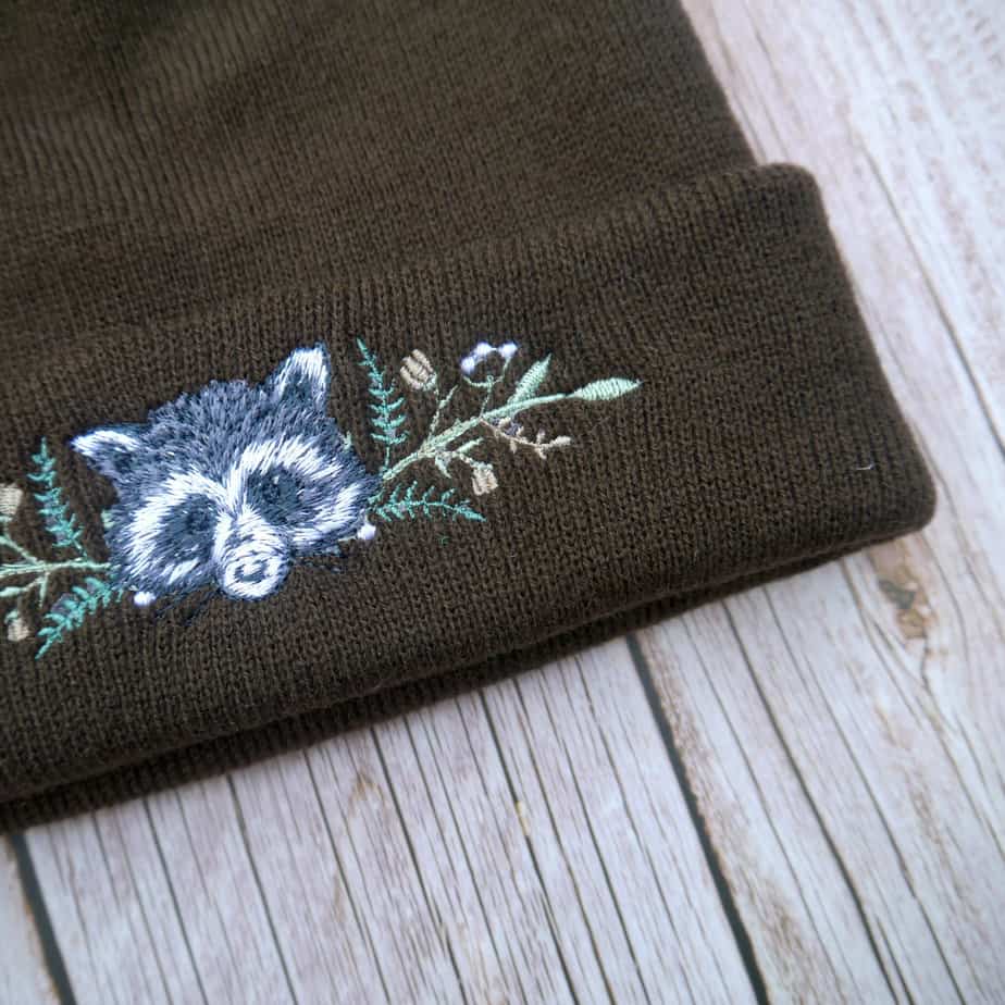 Lovely Floral Racoon Embroidered Beanie - handmade by KC Studios (view 6)